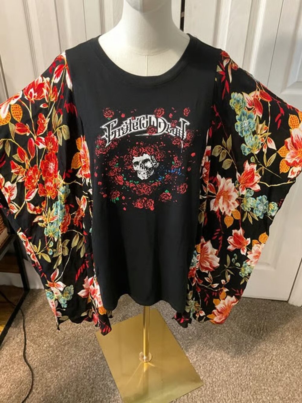 Grateful Dead Upcycled Graphic T-Shirt with Flowy Floral Sleeves- OSFM